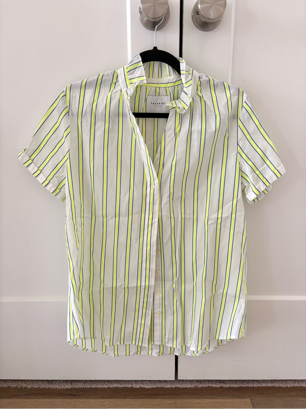 THE SHIRT by Rochelle Behrens Short Sleeve Neon Striped Buttondown Blouse Top